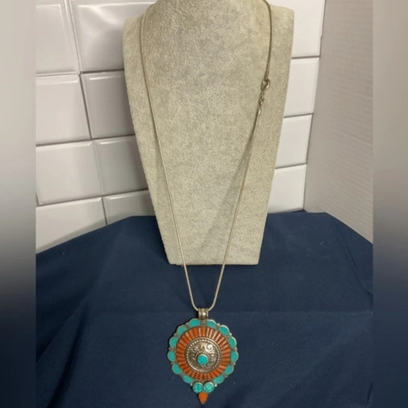 Silver Turquoise and Coral Native American Style Heavy Pendant Necklace
